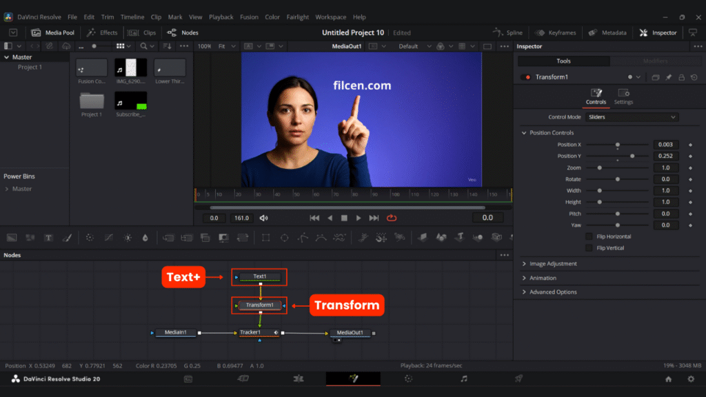 Add a Text and transform for Done tracking Effect In Davinci Resolve
