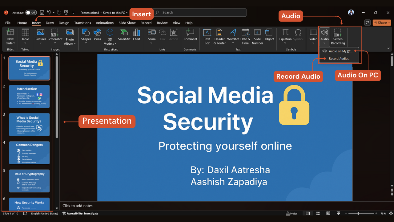 PowerPoint Insert tab with Audio options for adding background music