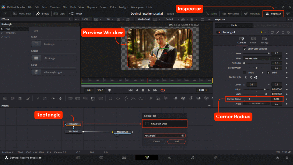Create Rounded Corners Using Rectangle Node In DaVinci Resolve.