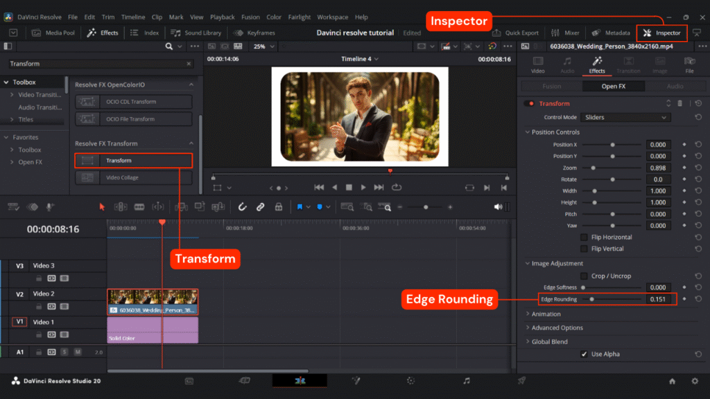 Create Rounded Corners Using Transform Effect In DaVinci Resolve.