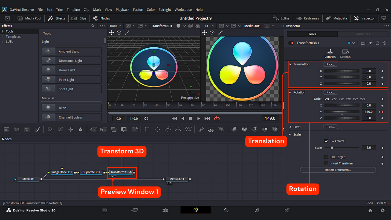 How to Transform 3D object in Fusion on Davinci Resolve