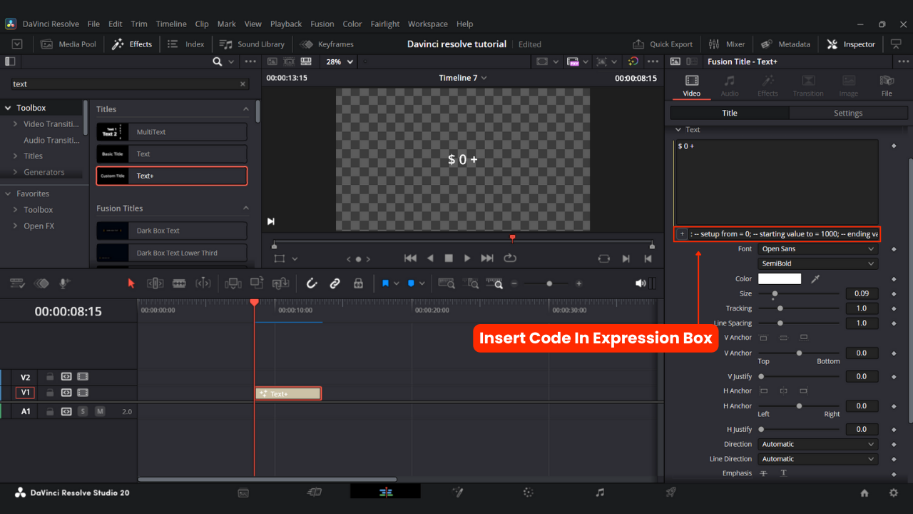 Insert A Code For Creating a Number Counting Effect In Davinci Resolve