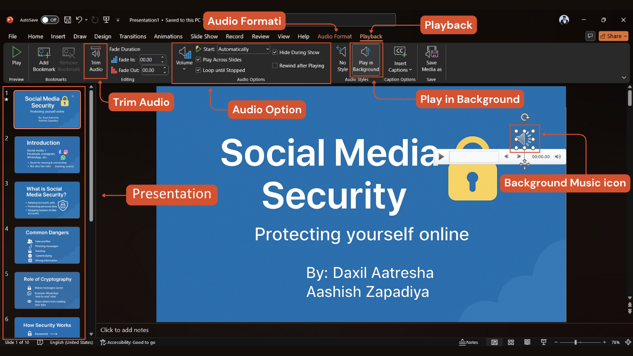 PowerPoint Playback tab with options to set music to play automatically and loop.