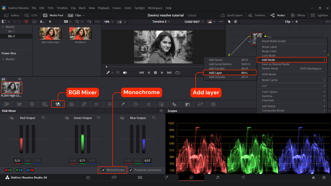 Step 1 Of Isolate Color In DaVinci Resolve Using RGB Mixer Tool