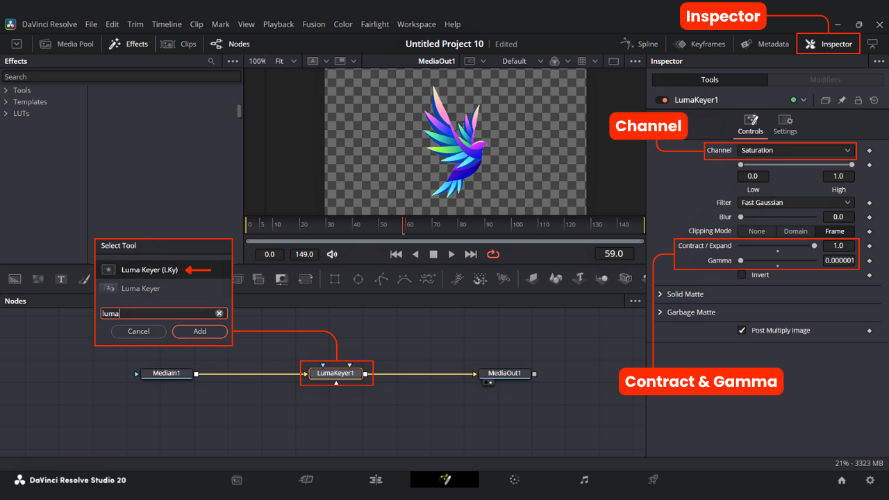 Remove a white background using Luma in Davinci Resolve