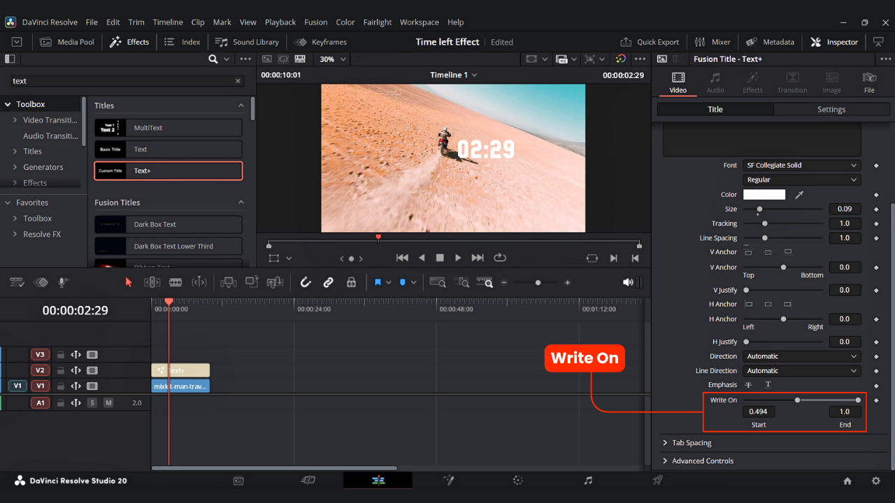 Adjust a timer using Write on Option In DaVinci Resolve