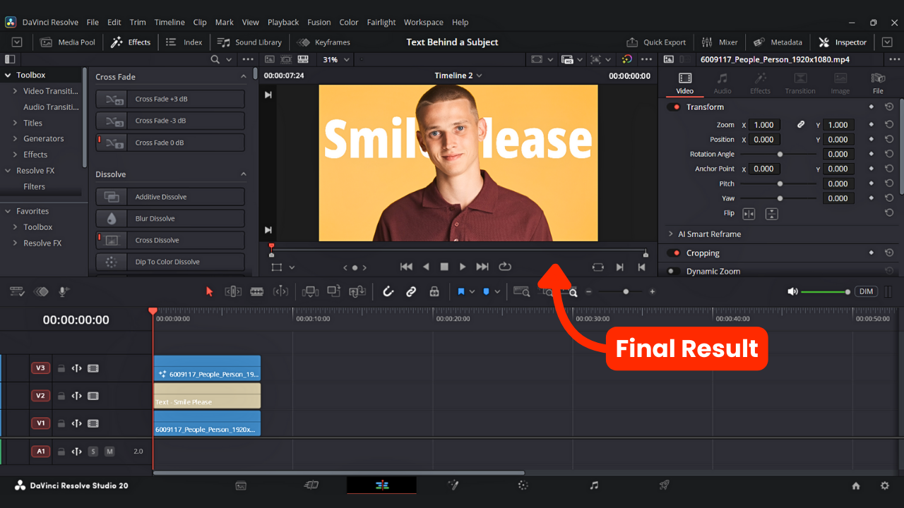 Create a  TEXT Behind OBJECTS In Davinci Resolve Final Result
